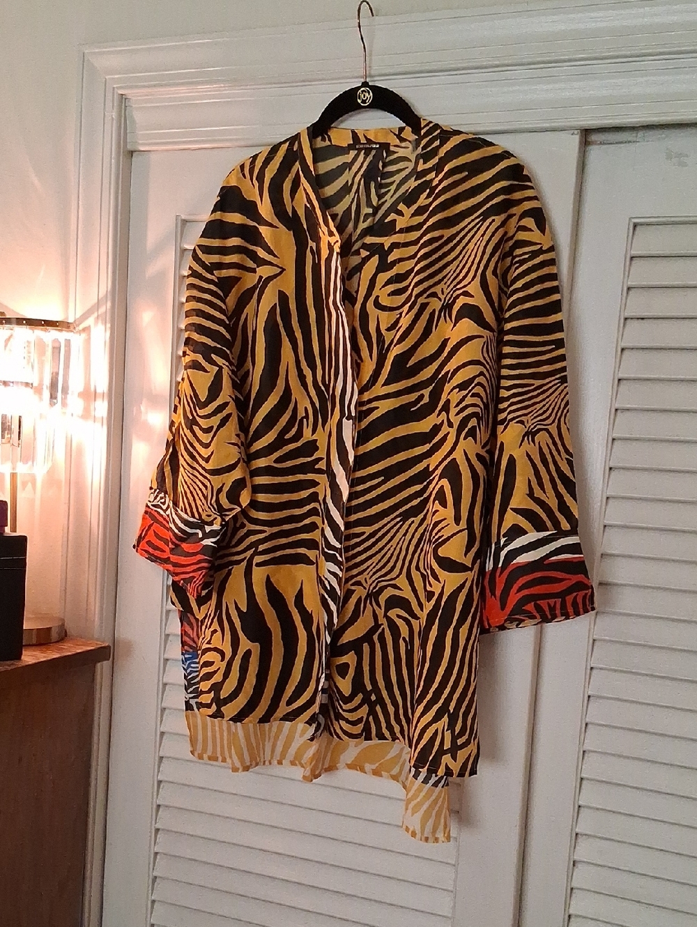 Kobi Halperin Yellow and Black Zebra-Print Blouse with Red Accent